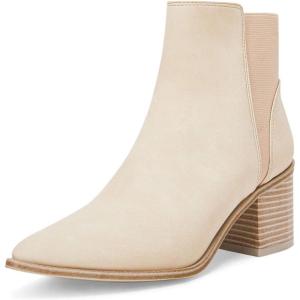 Coutgo Womens Pointed Toe Ankle Boots Elastic Chunky Block Stacked Mid Heel Slip On Chelsea Booties(Beige)