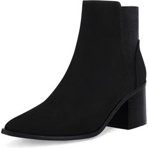 Coutgo Womens Pointed Toe Ankle Boots Elastic Chunky Block Stacked Mid Heel Slip On Chelsea Booties(Black(suede))