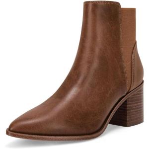 Coutgo Womens Pointed Toe Ankle Boots Elastic Chunky Block Stacked Mid Heel Slip On Chelsea Booties(Brown)