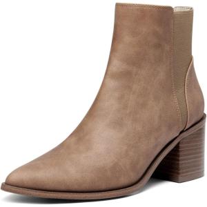 Coutgo Womens Pointed Toe Ankle Boots Elastic Chunky Block Stacked Mid Heel Slip On Chelsea Booties(Camel)