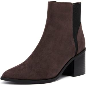 Coutgo Womens Pointed Toe Ankle Boots Elastic Chunky Block Stacked Mid Heel Slip On Chelsea Booties(Chocolate Brown（suede）)