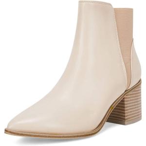 Coutgo Womens Pointed Toe Ankle Boots Elastic Chunky Block Stacked Mid Heel Slip On Chelsea Booties(Cream)