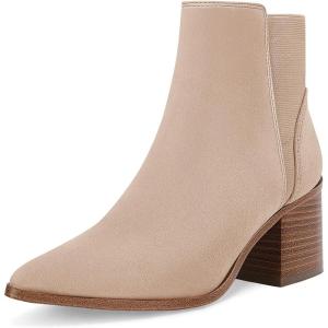 Coutgo Womens Pointed Toe Ankle Boots Elastic Chunky Block Stacked Mid Heel Slip On Chelsea Booties(Khaki(suede))