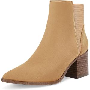Coutgo Womens Pointed Toe Ankle Boots Elastic Chunky Block Stacked Mid Heel Slip On Chelsea Booties(Light Brown(suede))