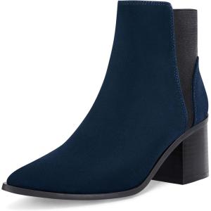 Coutgo Womens Pointed Toe Ankle Boots Elastic Chunky Block Stacked Mid Heel Slip On Chelsea Booties(Navy Blue(suede))