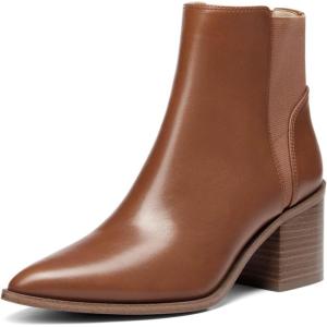 Coutgo Womens Pointed Toe Ankle Boots Elastic Chunky Block Stacked Mid Heel Slip On Chelsea Booties(Reddish-brown)