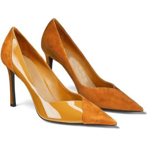 Coutgo Womens Pointed Toe High Heels Pumps Patent Suede Stiletto Heel Slip on Office Party Wedding Dress Shoes(Brown 02)