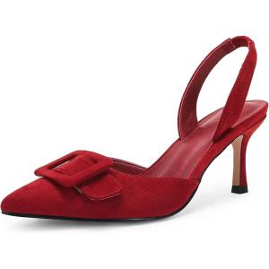 Coutgo Womens Slingback Heels Kitten Heel Pumps Dress Shoes Sling Back Closed Pointed Toe Suede Wedding Party Sandals(Burgundy)