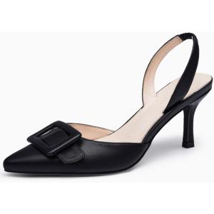 Coutgo Womens Slingback Heels Kitten Heel Pumps Dress Shoes Sling Back Closed Pointed Toe Suede Wedding Party Sandals(Cool Black)