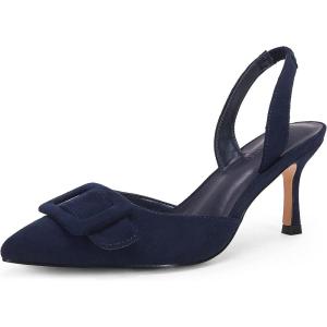 Coutgo Womens Slingback Heels Kitten Heel Pumps Dress Shoes Sling Back Closed Pointed Toe Suede Wedding Party Sandals(Navy)