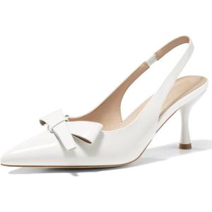 Coutgo Womens Slingback Kitten Heels Bow Closed Pointed Toe Pumps Slip on Office Work Dress Shoes(White)