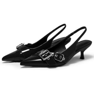 Coutgo Womens Slingback Kitten Heels Closed Pointed Toe Pumps Studded Buckle Strap Party Dress Shoes(Black)