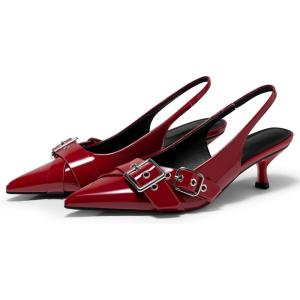 Coutgo Womens Slingback Kitten Heels Closed Pointed Toe Pumps Studded Buckle Strap Party Dress Shoes(Red)