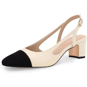 Coutgo Womens Slingback Kitten Heels Low Chunky Heel Splicing Toe Office Wedding Dress Pumps Shoes(Beige)