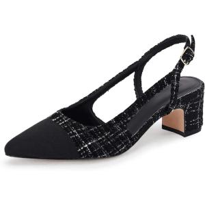 Coutgo Womens Slingback Kitten Heels Low Chunky Heel Splicing Toe Office Wedding Dress Pumps Shoes(Black Knit)