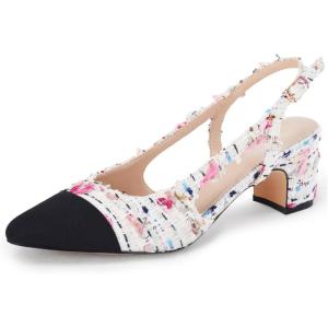 Coutgo Womens Slingback Kitten Heels Low Chunky Heel Splicing Toe Office Wedding Dress Pumps Shoes(Multi Knit)