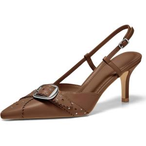 Coutgo Womens Slingback Kitten Heels Studded Closed Pointed Toe Pumps with Buckle Party Dress Shoes(Brown)