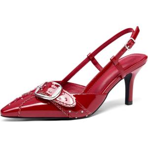 Coutgo Womens Slingback Kitten Heels Studded Closed Pointed Toe Pumps with Buckle Party Dress Shoes(Red Patent Leather)