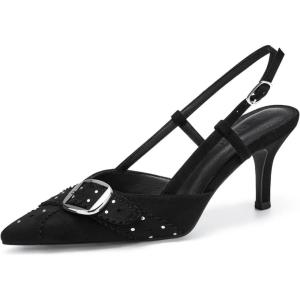 Coutgo Womens Slingback Kitten Heels Studded Closed Pointed Toe Pumps with Buckle Party Dress Shoes(Suede Black)