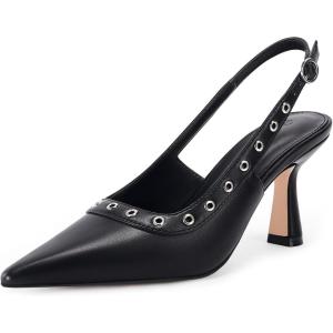 Coutgo Womens Slingback Kitten Heels Studded Closed Pointed Toe Slip On Leather Pumps Work Dress Shoes(Black)