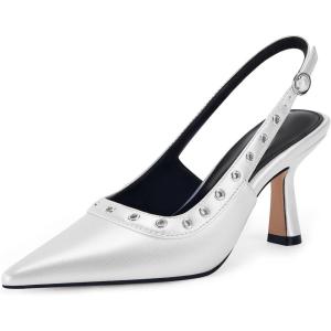 Coutgo Womens Slingback Kitten Heels Studded Closed Pointed Toe Slip On Leather Pumps Work Dress Shoes(Silver)