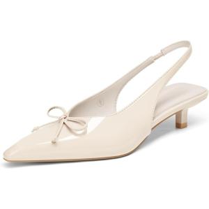 Coutgo Womens Slingback Kitten Low Heels Dress Shoes Closed Pointed Toe Bow Tie Slip on Office Work Pumps(Beige)