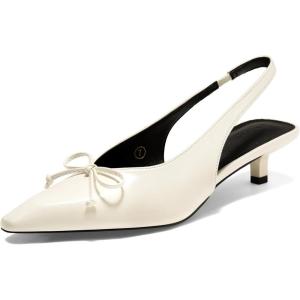 Coutgo Womens Slingback Kitten Low Heels Dress Shoes Closed Pointed Toe Bow Tie Slip on Office Work Pumps(Creamy White)