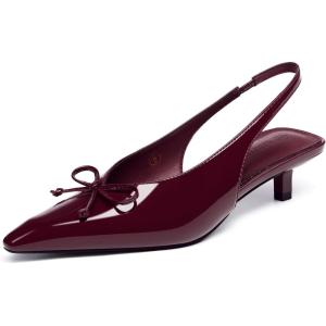 Coutgo Womens Slingback Kitten Low Heels Dress Shoes Closed Pointed Toe Bow Tie Slip on Office Work Pumps(Dark Red)