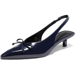 Coutgo Womens Slingback Kitten Low Heels Dress Shoes Closed Pointed Toe Bow Tie Slip on Office Work Pumps(Navy)
