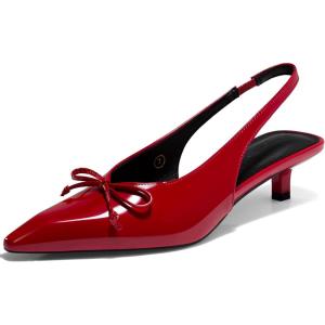 Coutgo Womens Slingback Kitten Low Heels Dress Shoes Closed Pointed Toe Bow Tie Slip on Office Work Pumps(Red)