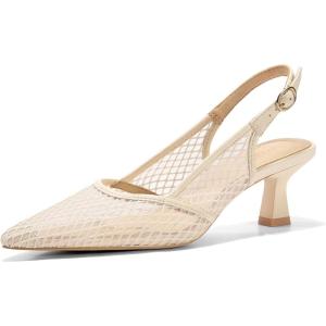 Coutgo Women’s Slingback Kitten Low Heels Mesh Pumps Closed Pointed Toe Wedding Work Dress Shoes(Beige/Mesh)