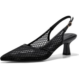 Coutgo Women’s Slingback Kitten Low Heels Mesh Pumps Closed Pointed Toe Wedding Work Dress Shoes(Black/Mesh)