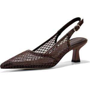 Coutgo Women’s Slingback Kitten Low Heels Mesh Pumps Closed Pointed Toe Wedding Work Dress Shoes(Brown/Mesh)