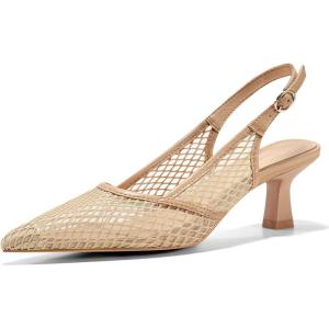 Coutgo Women’s Slingback Kitten Low Heels Mesh Pumps Closed Pointed Toe Wedding Work Dress Shoes(Khaki/Mesh)