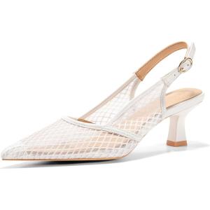 Coutgo Women’s Slingback Kitten Low Heels Mesh Pumps Closed Pointed Toe Wedding Work Dress Shoes(White/Mesh)