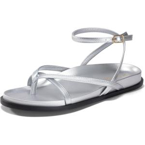 Coutgo Womens Strappy Flat Sandals Comfortable Flip Flop Footbed Sandals Ankle Strap Summer Beach Shoes(Silver)