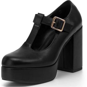 Coutgo Womens’ T-Strap Round Toe Chunky Platform Heels Patent Mary Jane Dress Shoes(Black)