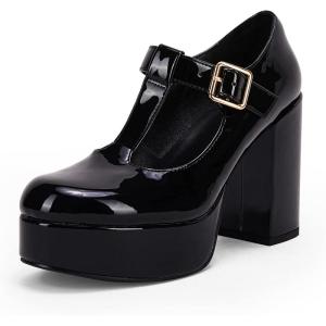 Coutgo Womens’ T-Strap Round Toe Chunky Platform Heels Patent Mary Jane Dress Shoes(Black Patent)
