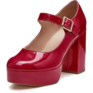Coutgo Womens’ T-Strap Round Toe Chunky Platform Heels Patent Mary Jane Dress Shoes(Burgundy)