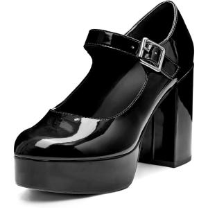 Coutgo Womens’ T-Strap Round Toe Chunky Platform Heels Patent Mary Jane Dress Shoes(Cool Black)