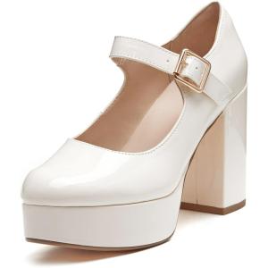 Coutgo Womens’ T-Strap Round Toe Chunky Platform Heels Patent Mary Jane Dress Shoes(Creamy White)