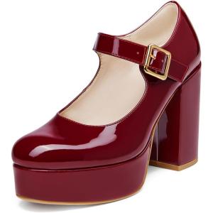 Coutgo Womens’ T-Strap Round Toe Chunky Platform Heels Patent Mary Jane Dress Shoes(Dark Red)