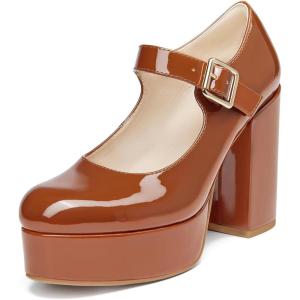 Coutgo Womens’ T-Strap Round Toe Chunky Platform Heels Patent Mary Jane Dress Shoes(Light Brown)