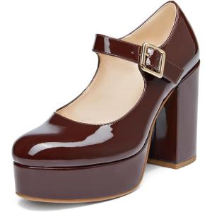 Coutgo Womens’ T-Strap Round Toe Chunky Platform Heels Patent Mary Jane Dress Shoes(Red-brown)