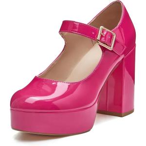 Coutgo Womens’ T-Strap Round Toe Chunky Platform Heels Patent Mary Jane Dress Shoes(Rose Red)