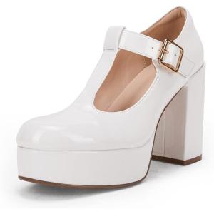 Coutgo Womens’ T-Strap Round Toe Chunky Platform Heels Patent Mary Jane Dress Shoes(White)