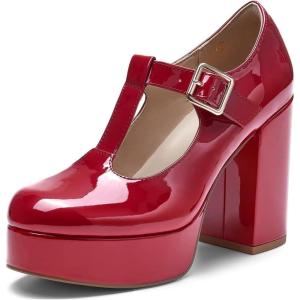 Coutgo Womens’ T-Strap Round Toe Chunky Platform Heels Patent Mary Jane Dress Shoes(Wine Red)