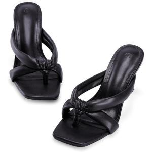 Coutgo Womens Thong Heels Mules Square Toe Heeled Flip Flops Mule Sexy Stiletto Dress Party Sandals(Black)