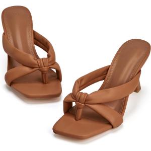 Coutgo Womens Thong Heels Mules Square Toe Heeled Flip Flops Mule Sexy Stiletto Dress Party Sandals(Brown)