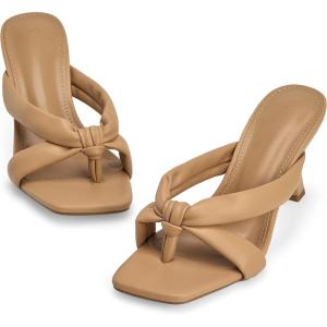 Coutgo Womens Thong Heels Mules Square Toe Heeled Flip Flops Mule Sexy Stiletto Dress Party Sandals(Khaki)
